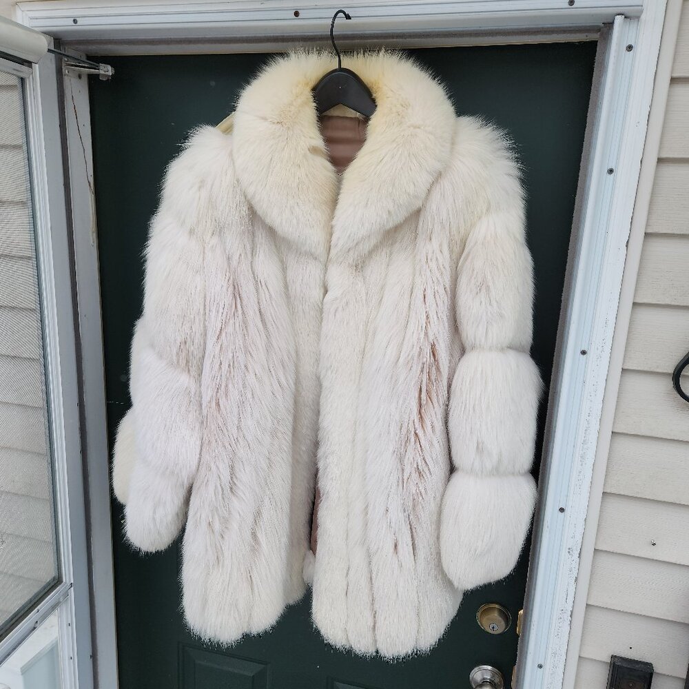 Vintage Women's Blush White Fox Fur Jacket - Coat XL Mob Wife